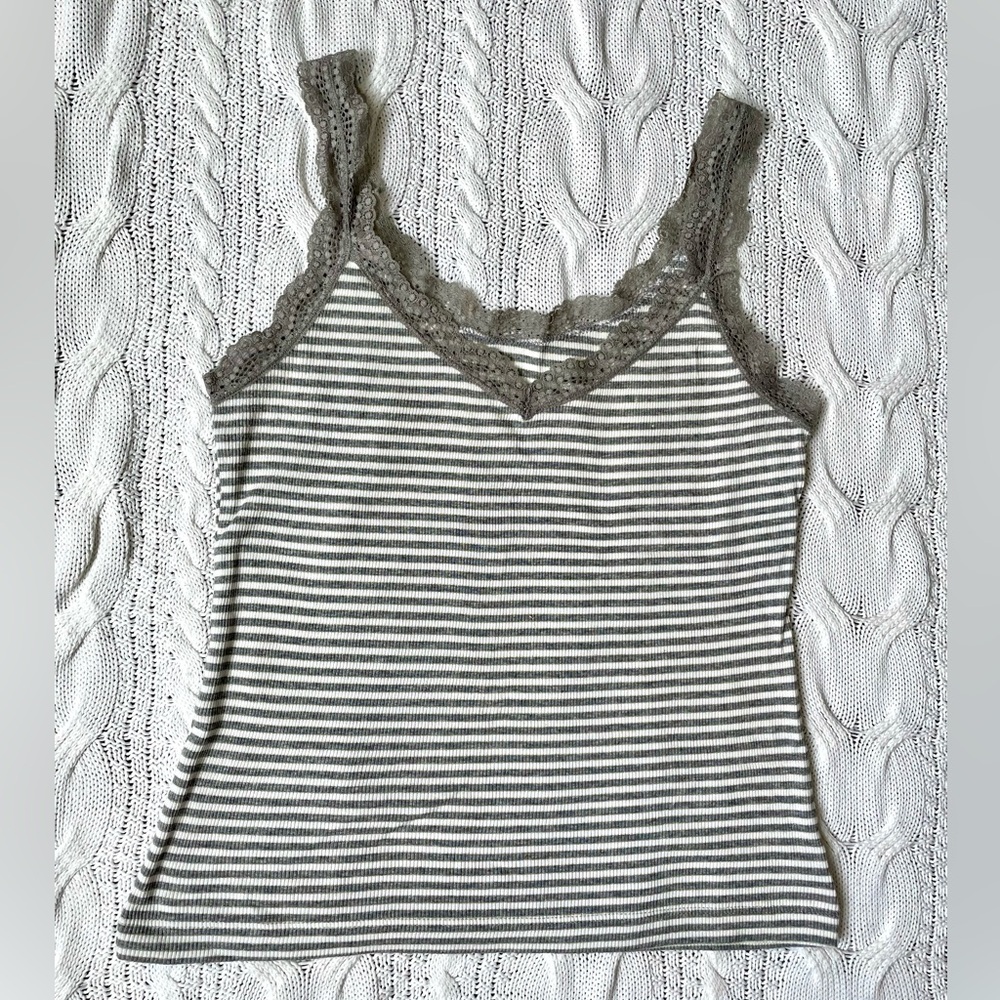 UNIQLO Striped Lace Trim Tank Top White Tan Size S